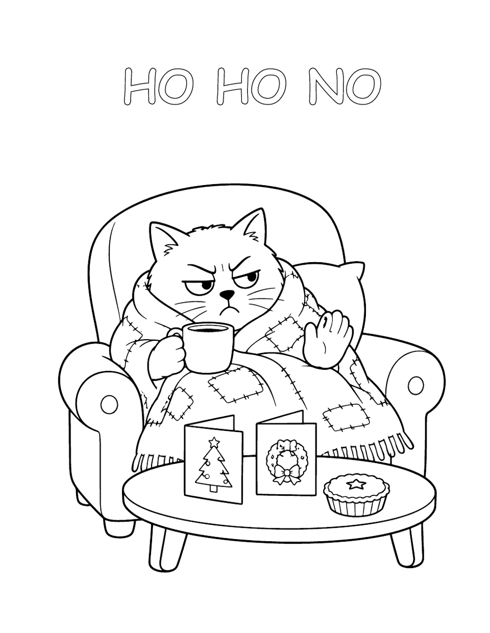 Grumpy cat in an armchair with a mug and blanket. Caption: HO HO NO.